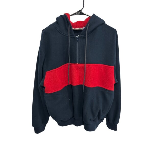 Trader Bay Colorblock Half Zip Pullover Hoodie Black Red Sz Medium Relaxed Cozy - Picture 1 of 10